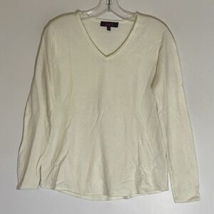 Marled Sweater Womens Medium White V Neck Pullover Stretch Knit Rolled Hem Prep